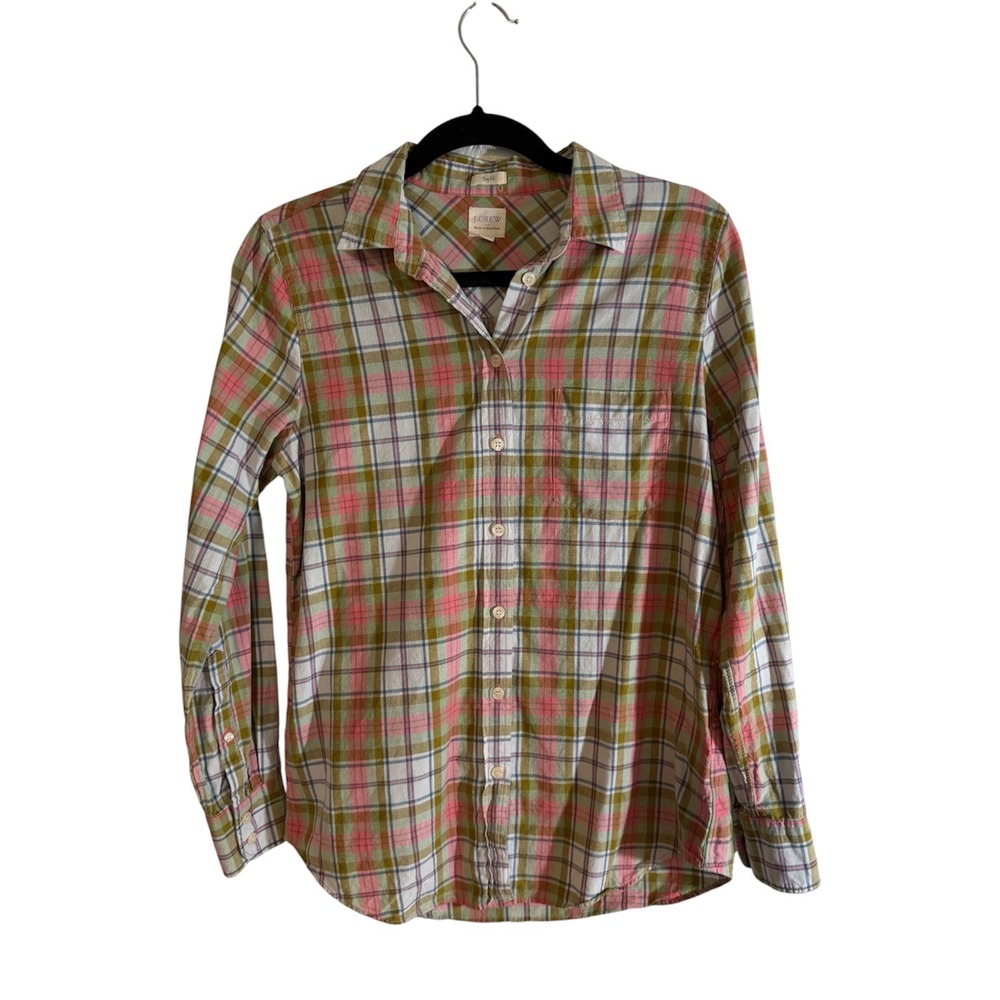 J.Crew Boy Fit Plaid Button Down Shirt Pink Green S Women Casual Preppy Cotton